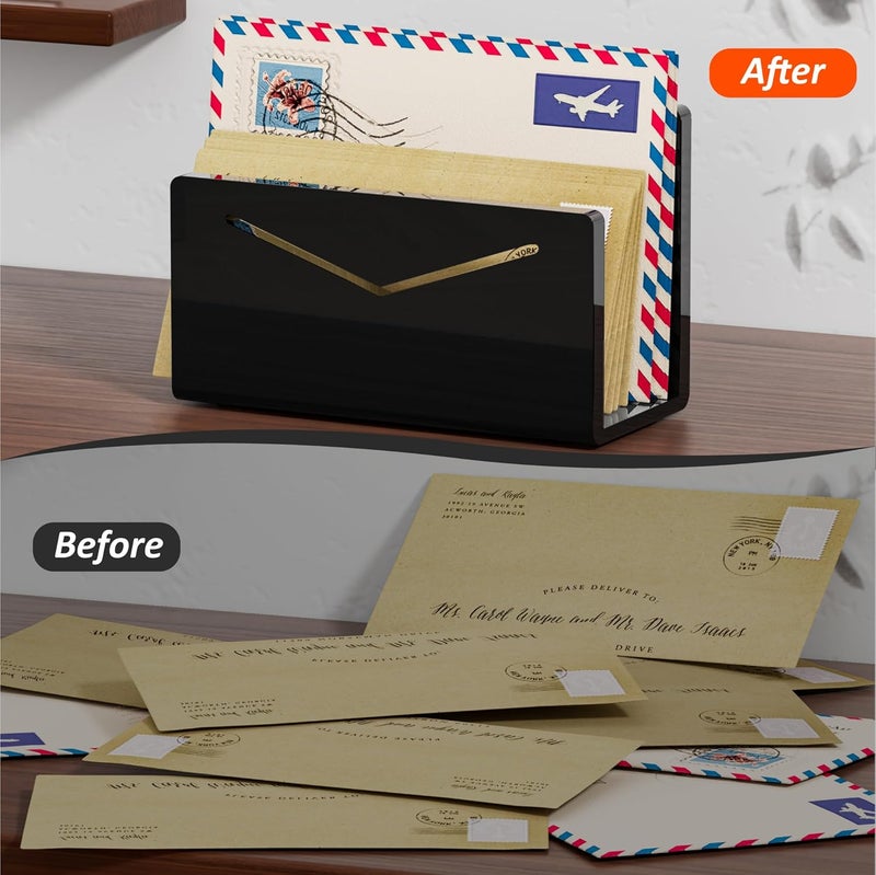 FUCDTEFC Acrylic Mail Holder, Black Acrylic File Letter Organizer, Vertical Envelope Mail Holder for Desk, Lightweight Countertop Bill Holding Sorter Letter Invoice Stand for Home Office School - Image 5